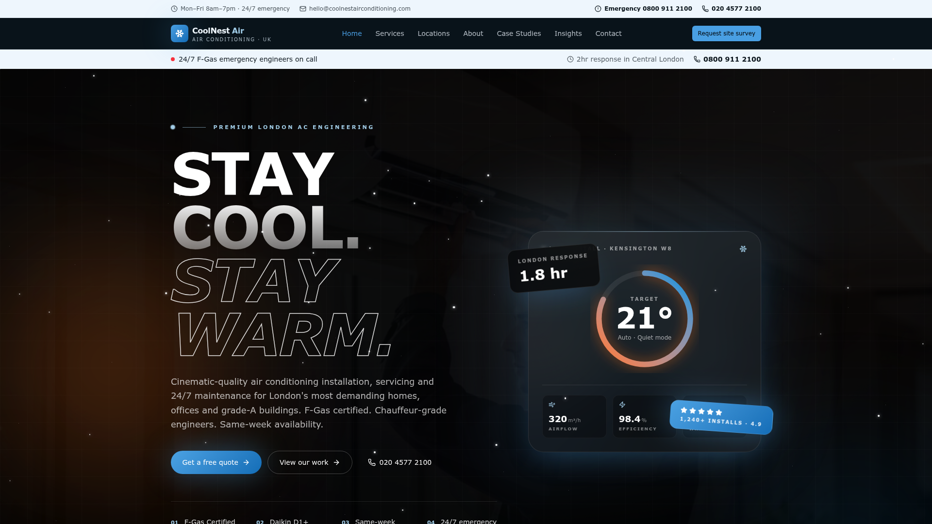 CoolNest Air conditioning website — homepage with cinematic dark hero