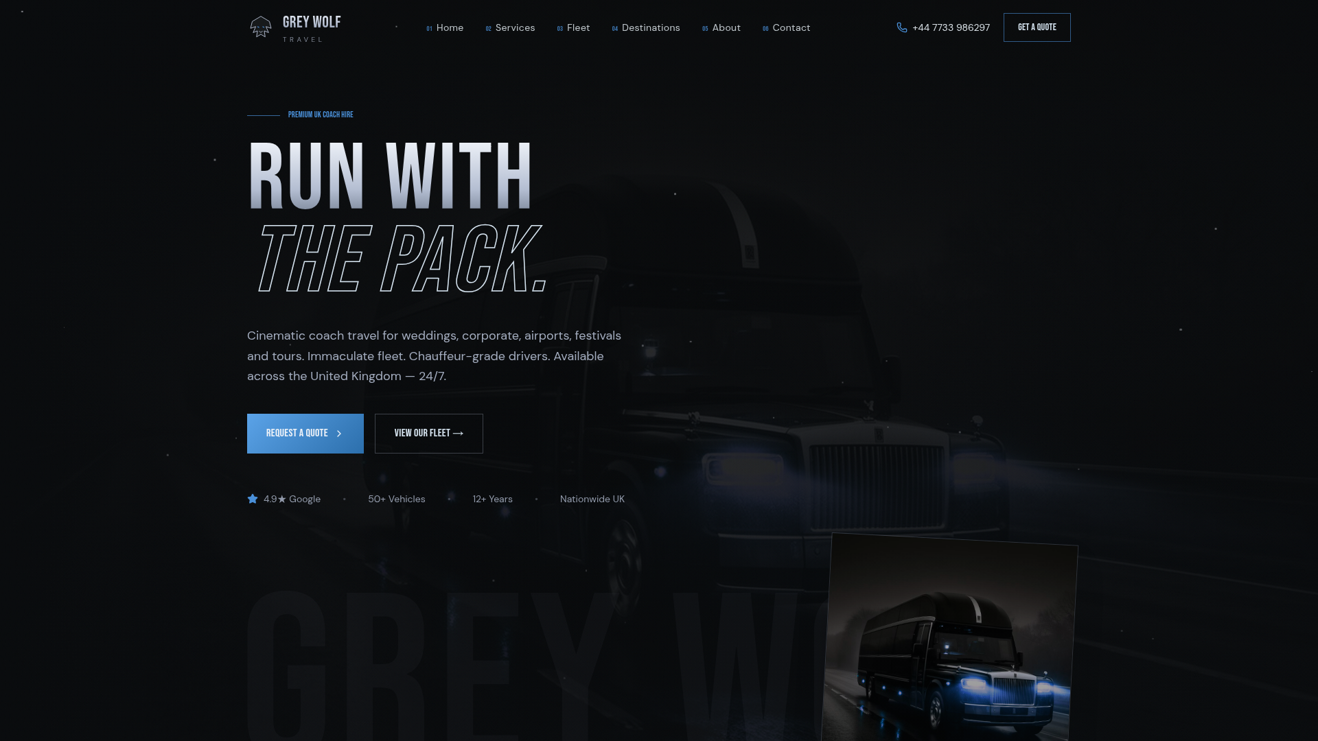 Grey Wolf Travel — luxury UK coach hire website with cinematic dark hero