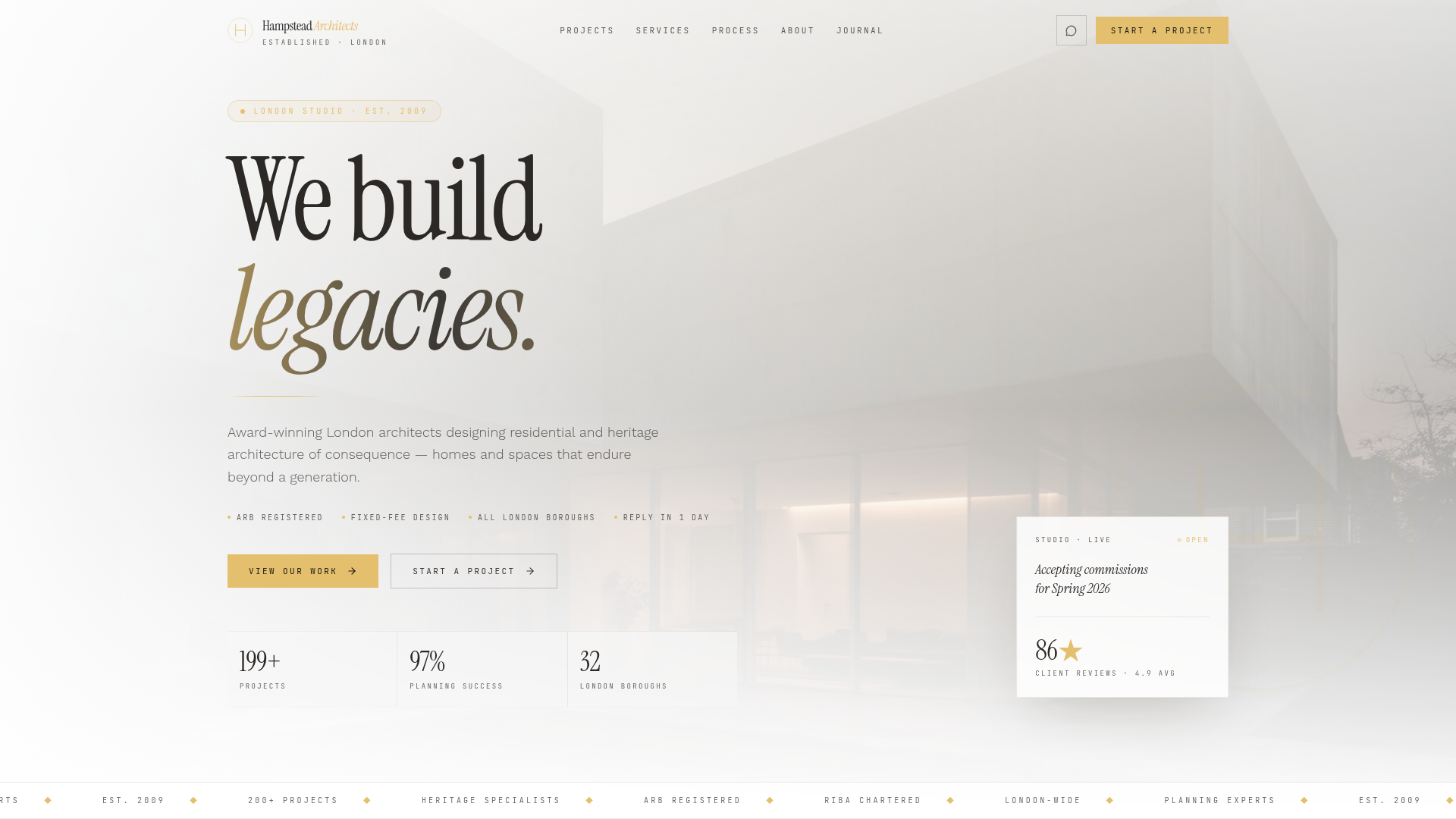 Hampstead Architects — London architecture studio website with editorial serif typography
